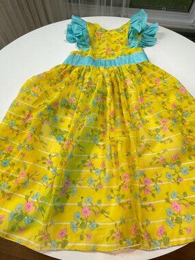 Vintage 1960s full adult apron, yellow and blue with pink, blue bright flowers
